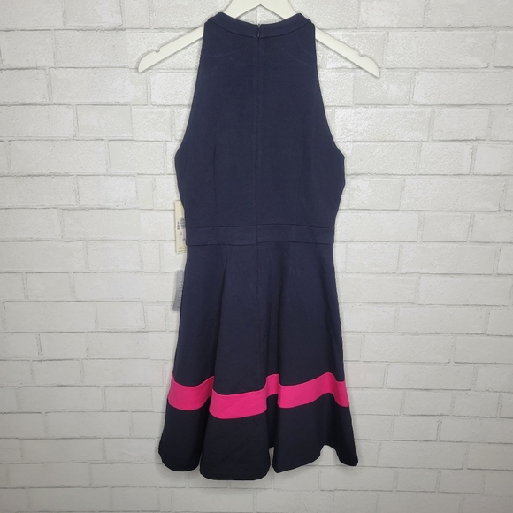 Eliza J Navy Blue Hot Pink Stripe Halter Cocktail Dress - Picture 3 of 6